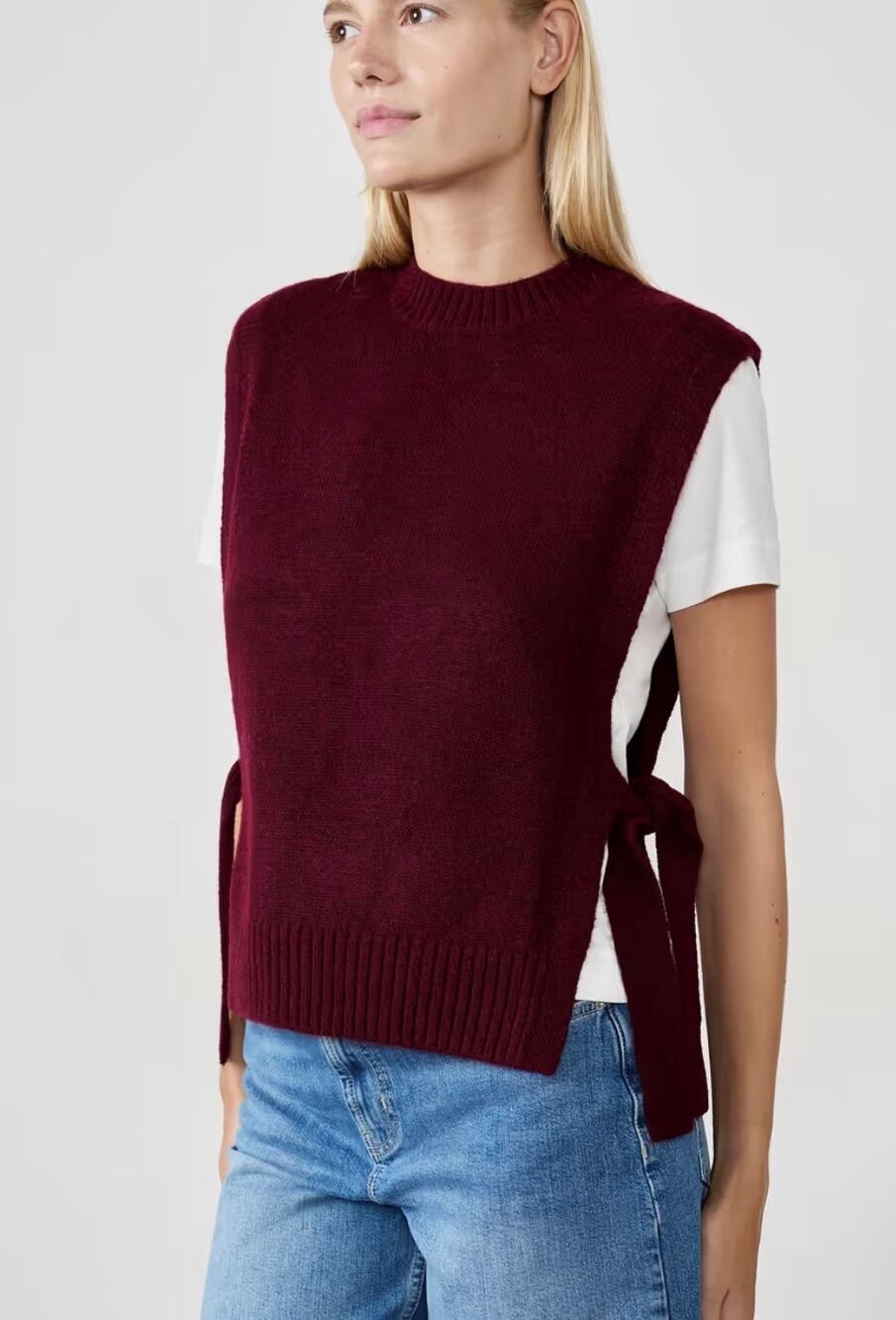 Minimalist Burgundy Ribbed Knit Side Tie Sweater Vest Wool Blend TankTop M